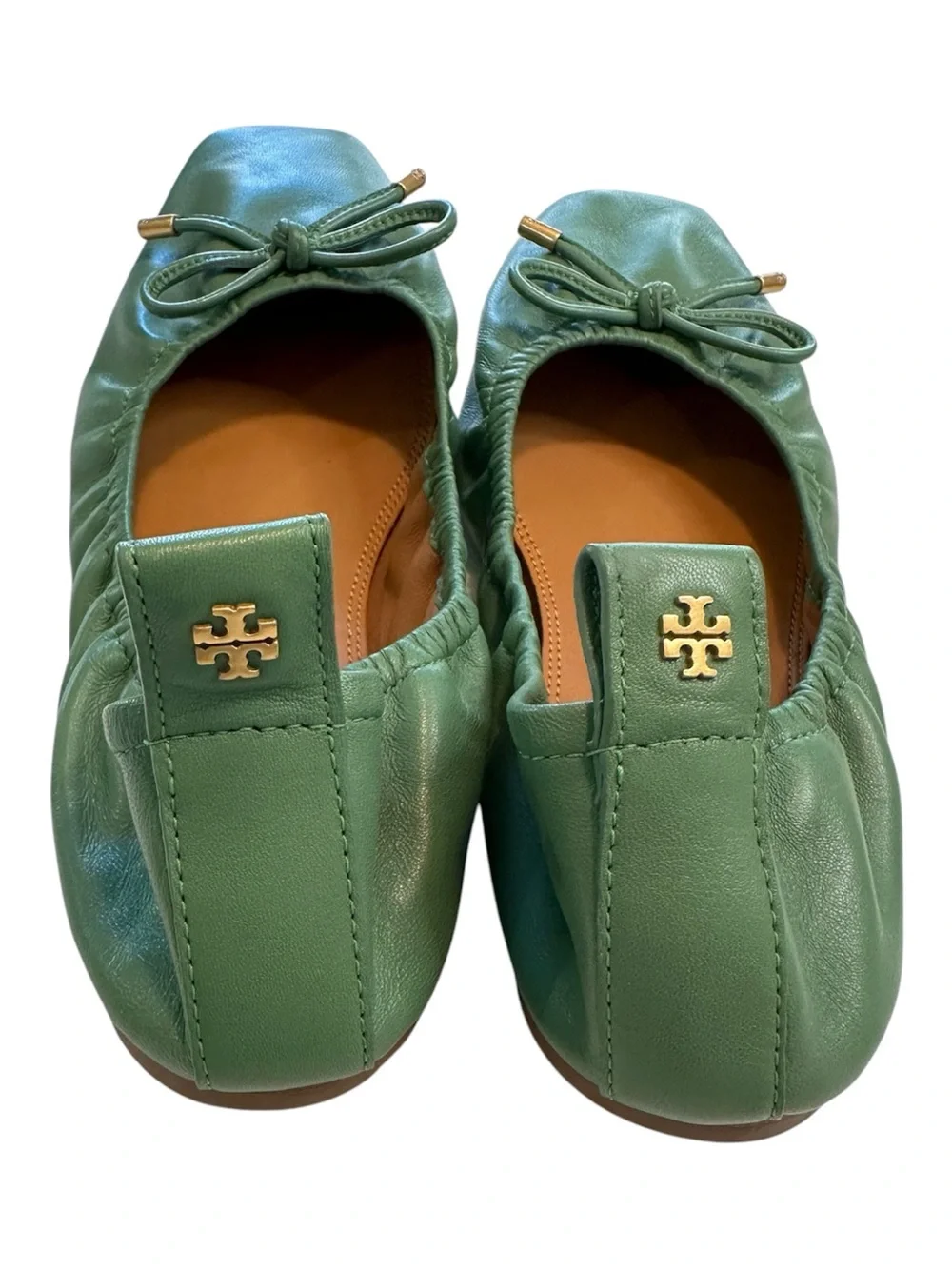 Tory Burch Ballet Flats Dress Shoes Leather Square Toe Bow Green Women’s Size 10